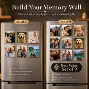 Custom pet photo magnet on a fridge with realistic magnetic backing