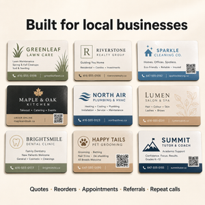 Collection of various business cards for local businesses with contact information.