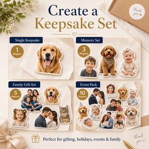 Die-cut photo magnet size guide showing 2, 3, 4, and 5 inch sizes