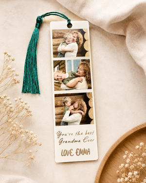 Personalized photo bookmark with tassel on a soft surface with flowers