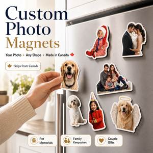 Custom die-cut photo magnets Canada with pet, baby, couple, and family shapes