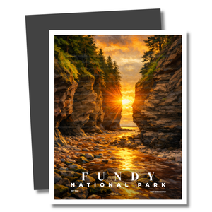 Magnet of Fundy National Park with a sunset through rocky cliffs and water.