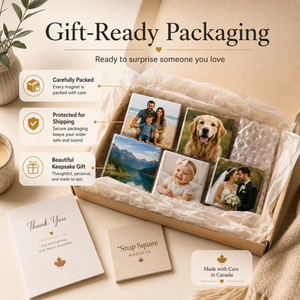 Custom photo magnets Canada packaged as a keepsake gift