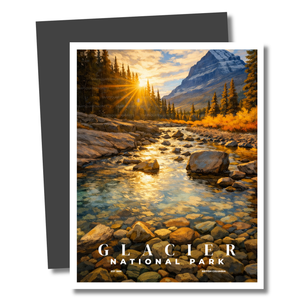 Magnet of Glacier National Park with a stream and mountains at sunset.