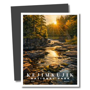 Kejimkujik National Park Magnet with a scenic view of a river and trees at sunset.