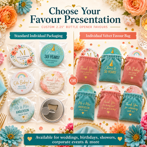Custom 2.25" bottle opener favours and individual favour bags shown in a decorative promotional layout.