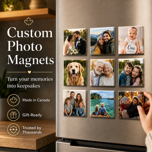 Custom 2x2 fridge photo magnets made in Canada displayed on a kitchen fridge
