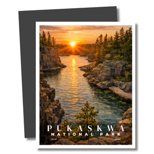 Magnet of Pukaskwa National Park with a sunset over water and cliffs.