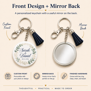 A product infographic showing a personalized keychain with a round custom front and mirrored back. The left side displays the customized front with a navy blue tassel, while the right side shows the plain mirrored back.