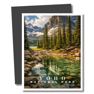 Yoho National Park magnet with a scenic view of mountains and lake.