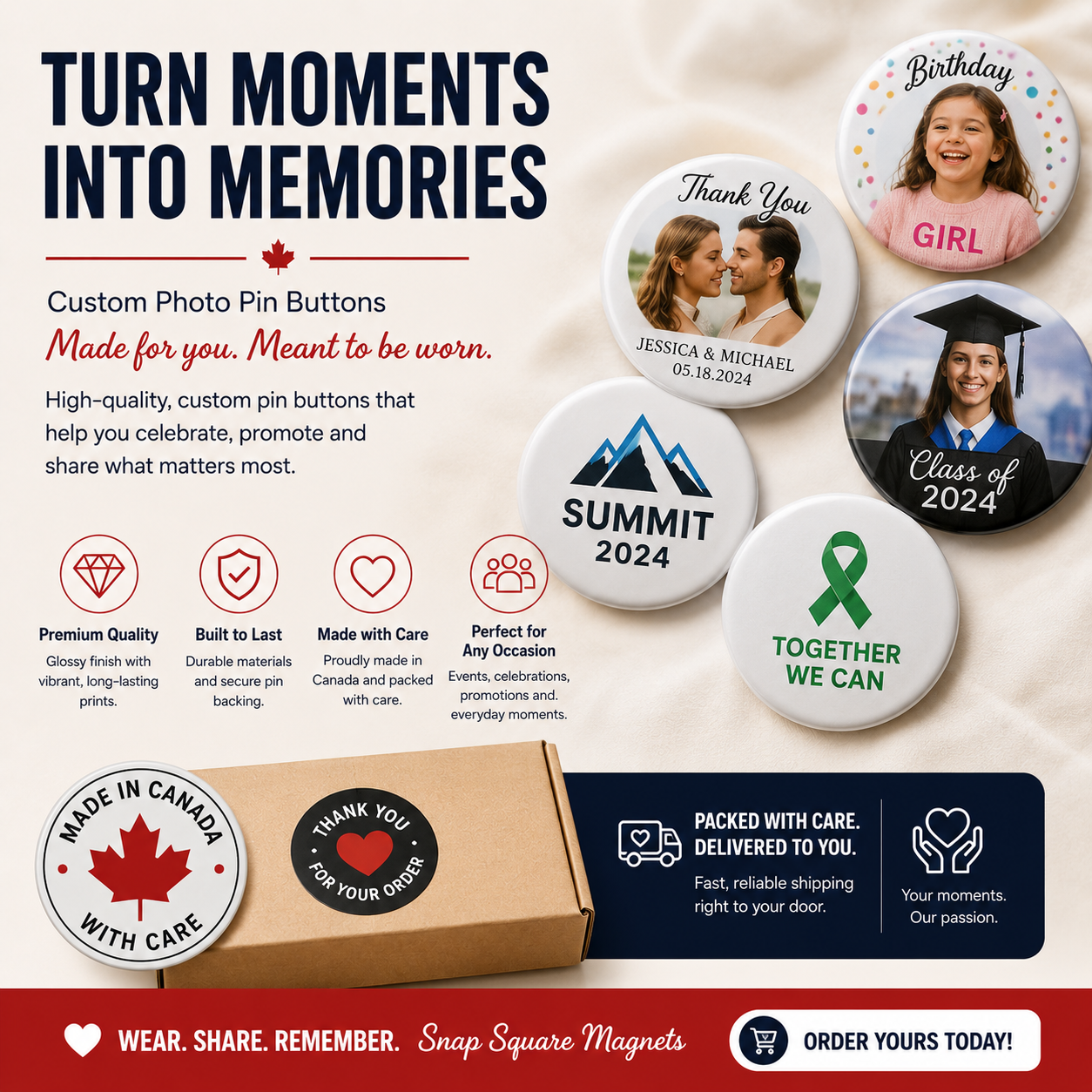 Custom Pin Buttons Canada | Personalized 2.5 Inch Photo Pins