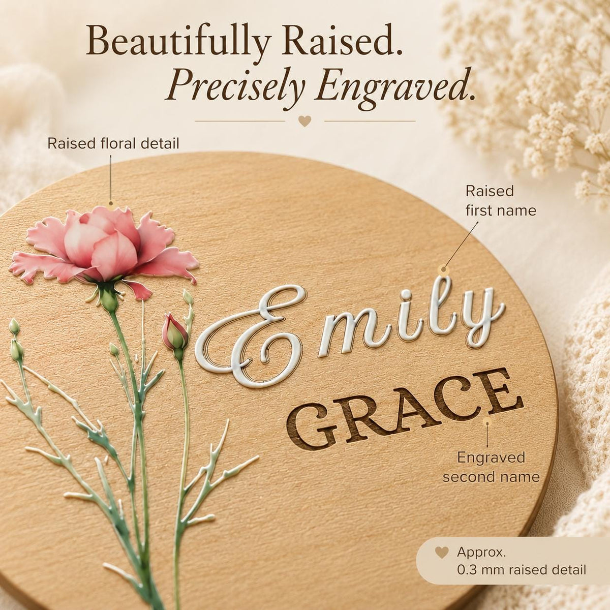 Personalized Birth Flower Baby Name Sign – Raised Colour Design on Maple Wood