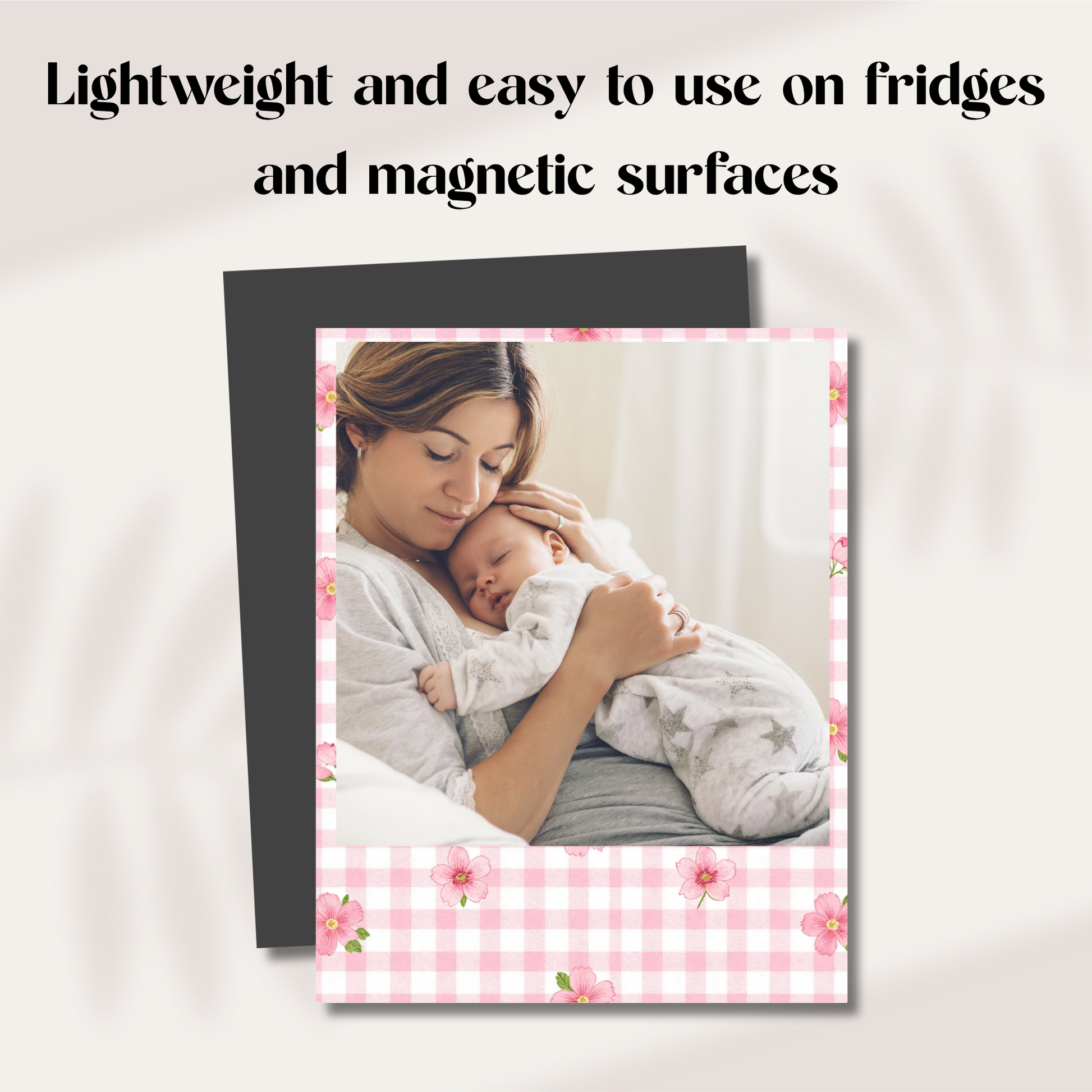 Polaroid-inspired mom photo magnet on fridge