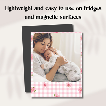 Polaroid-inspired mom photo magnet on fridge