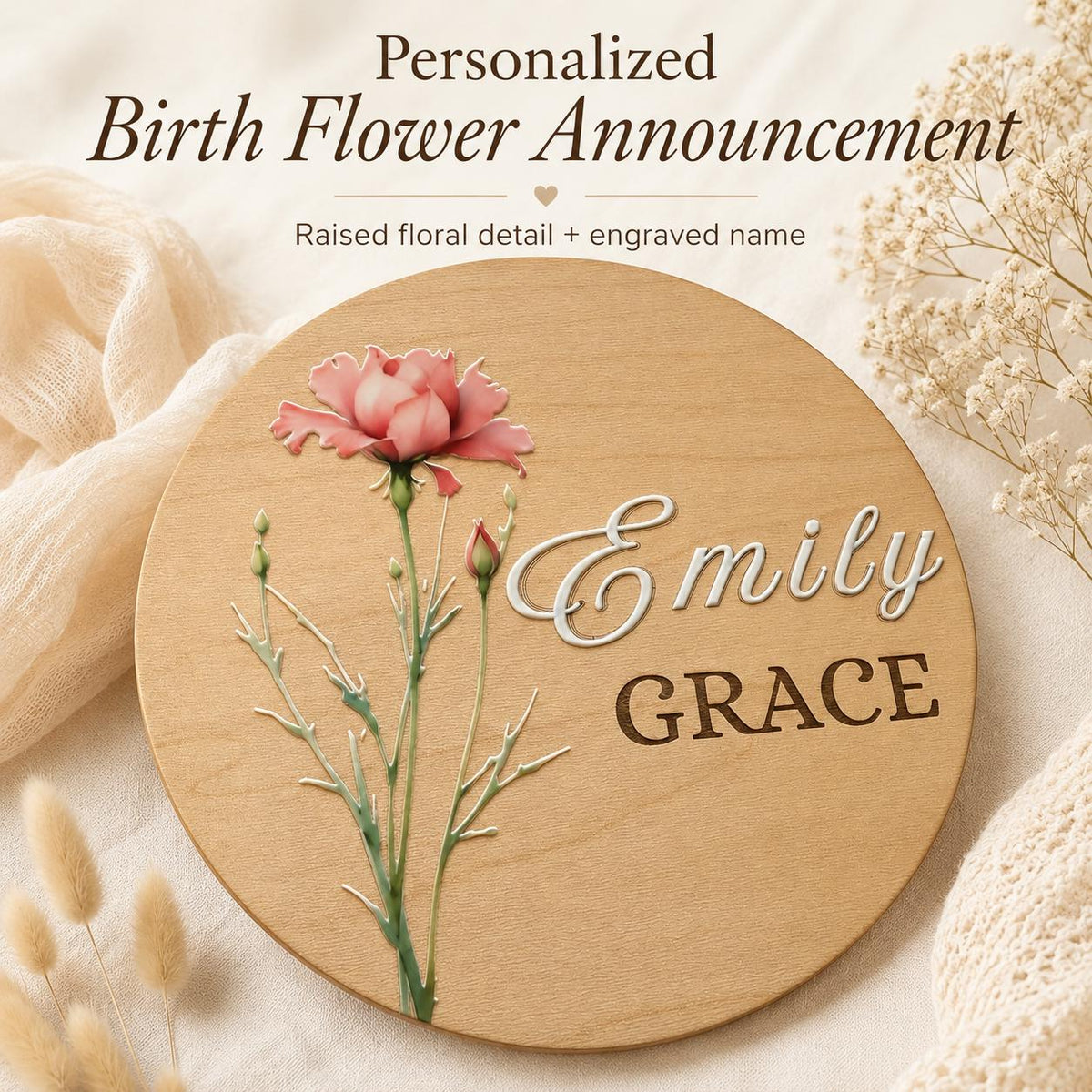 Personalized Birth Flower Baby Name Sign – Raised Colour Design on Maple Wood