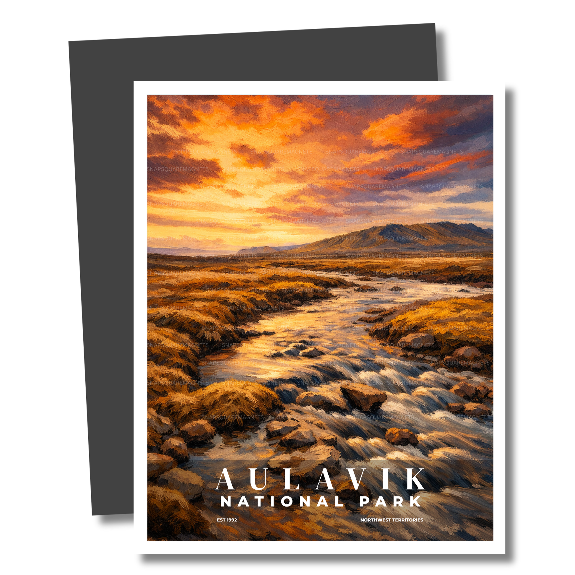 Magnet of Aulavik National Park with a sunset over a landscape.