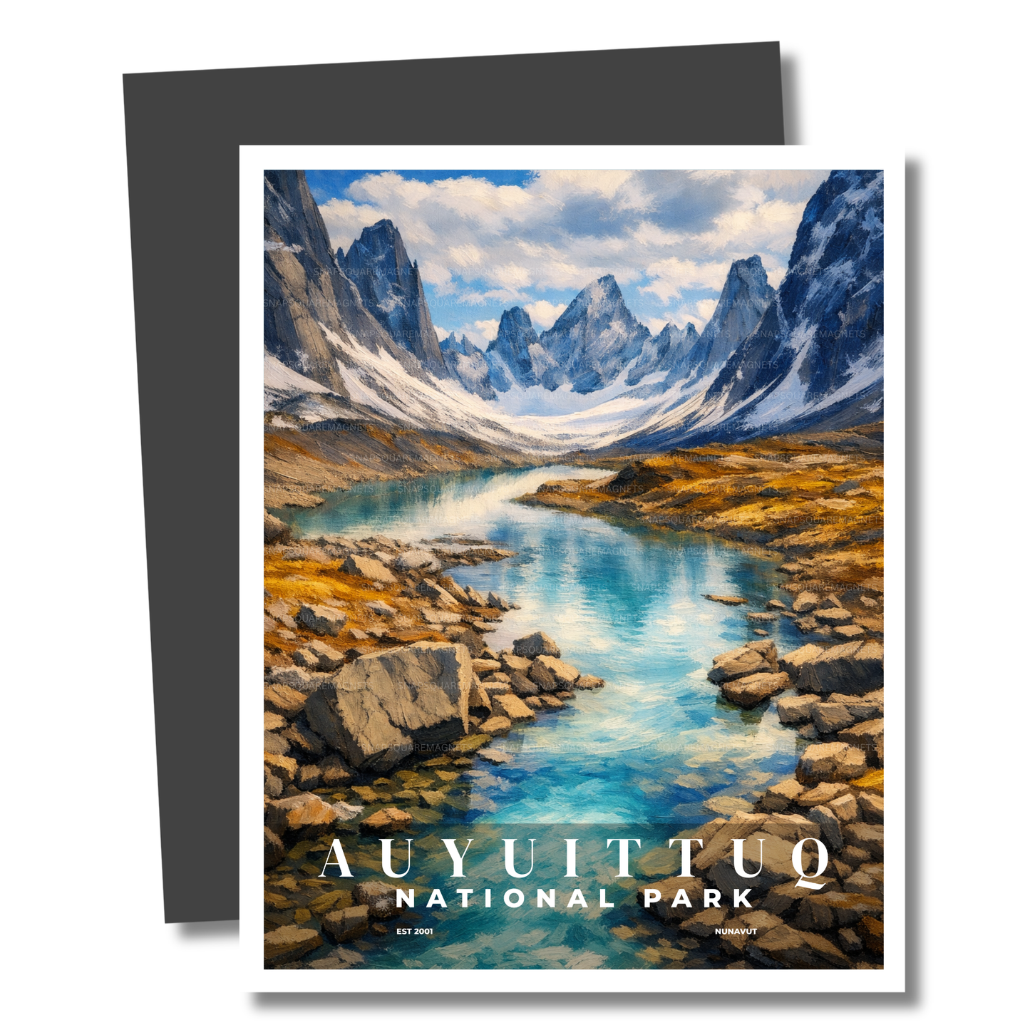 Magnet of Auyuittuq National Park with a mountain landscape and river.