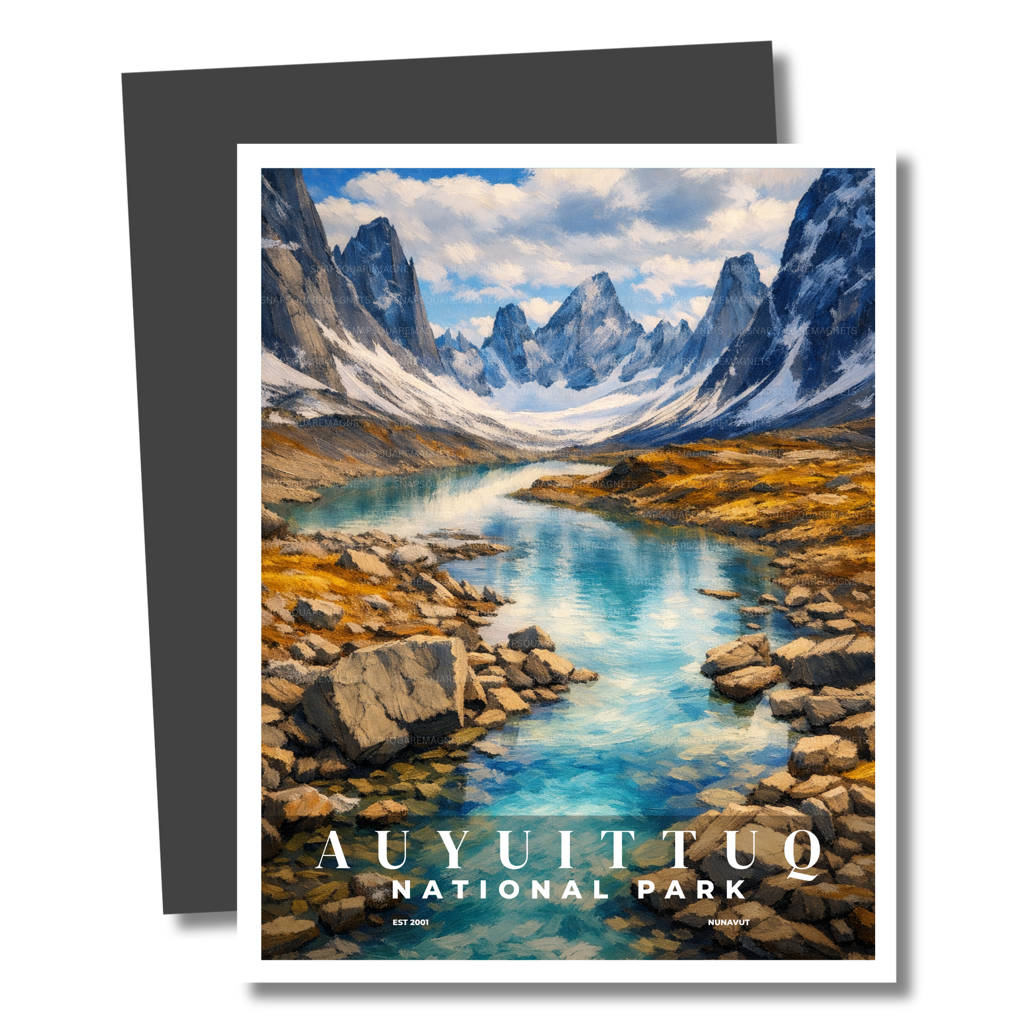Magnet of Auyuittuq National Park with a mountain landscape and river.