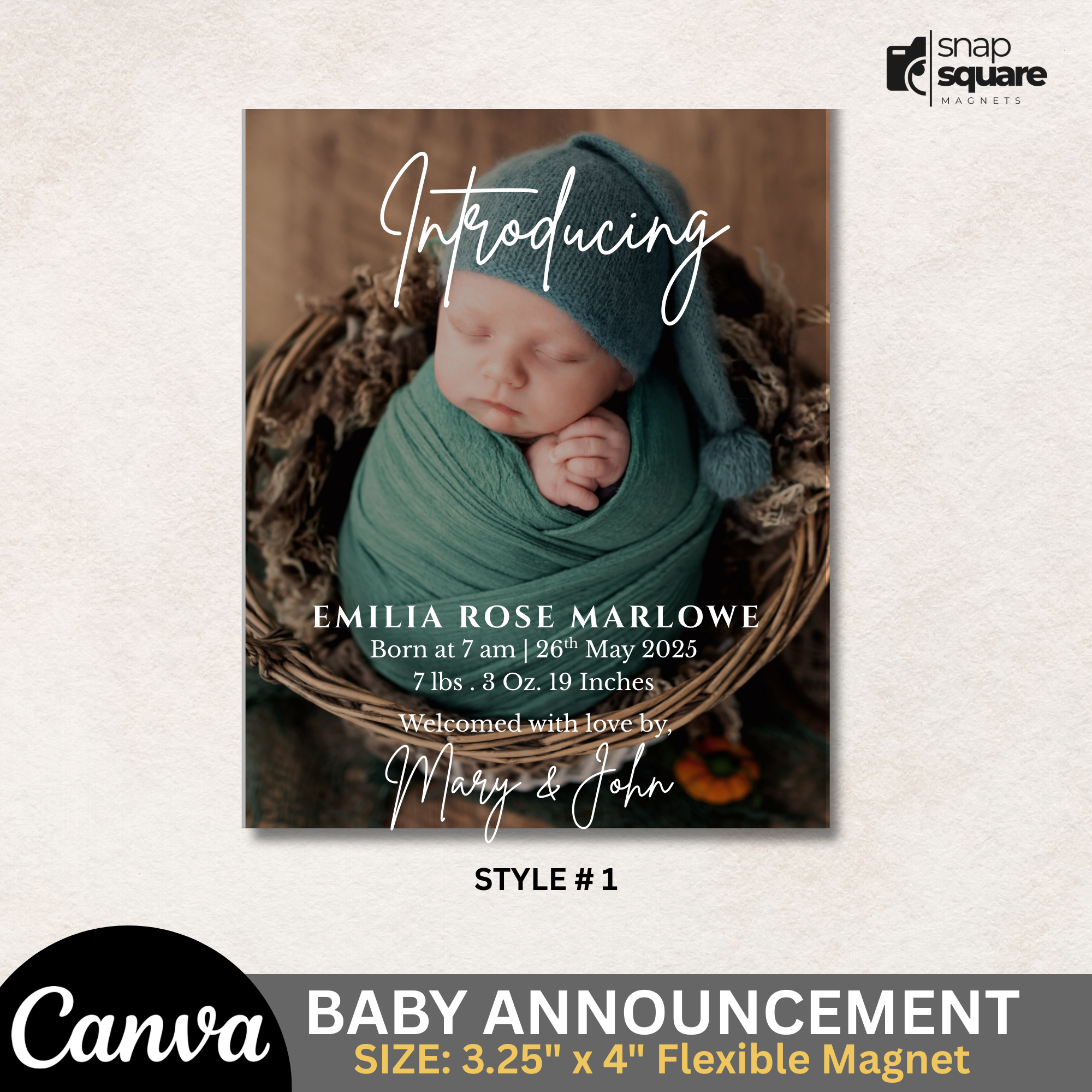 Baby announcement Canva design template for photo magnets with a baby in a nest, featuring Canva branding.
