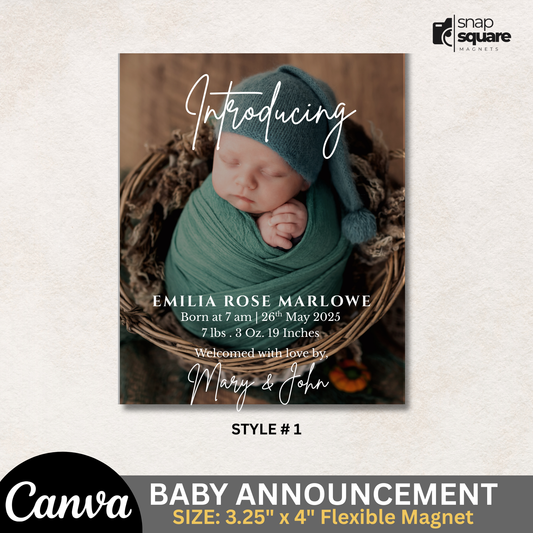 Baby announcement Canva design template for photo magnets with a baby in a nest, featuring Canva branding.
