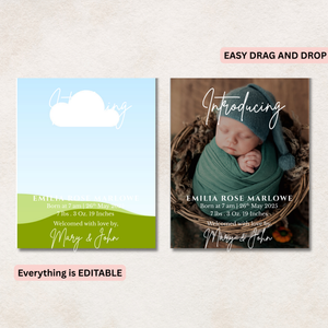 Two baby birth announcement canva design templates for photo magnets with editable text on a light background.