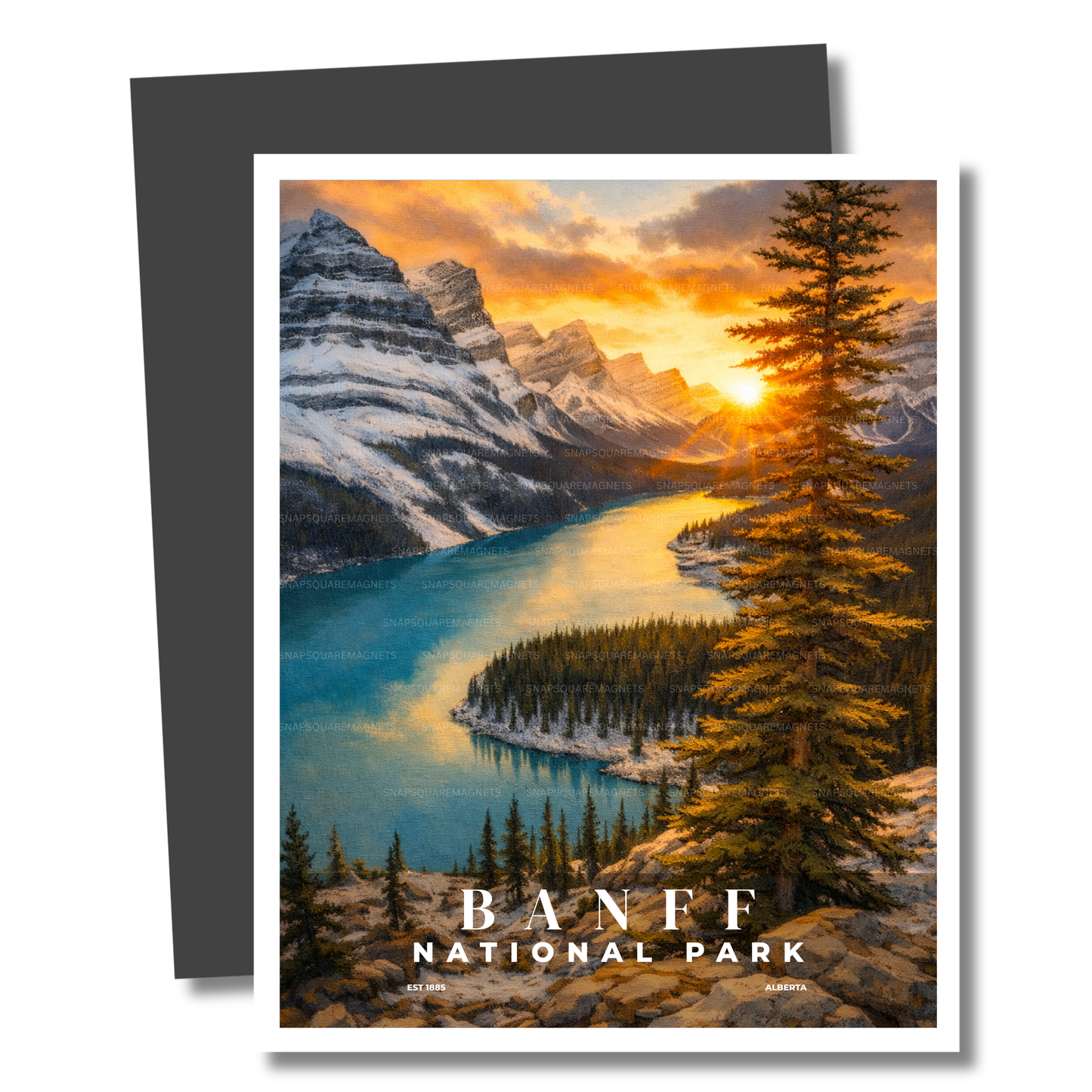 Magnet of Banff National Park with a mountain landscape and sunset.