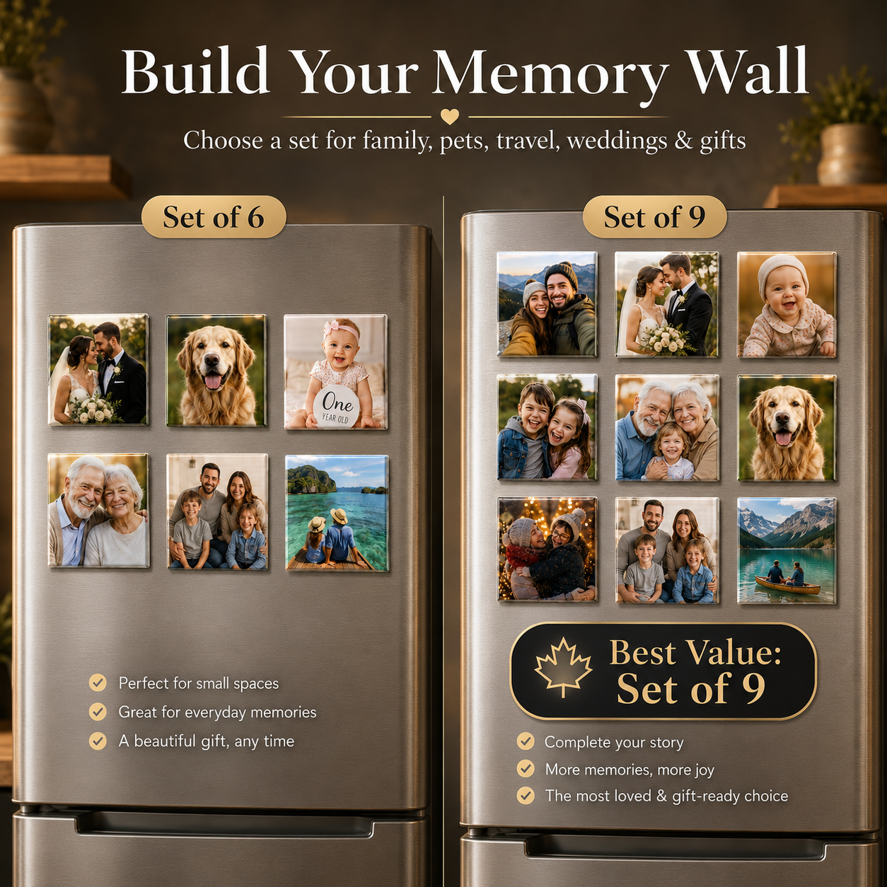 Custom pet photo magnet on a fridge with realistic magnetic backing