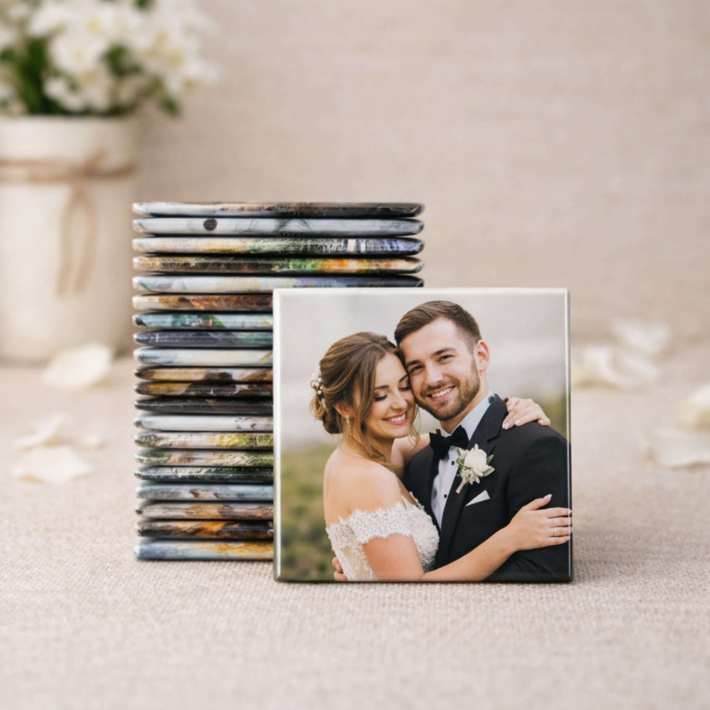 Stack of custom Photo magnets with a photo magnet of a couple on top, set against a neutral background.