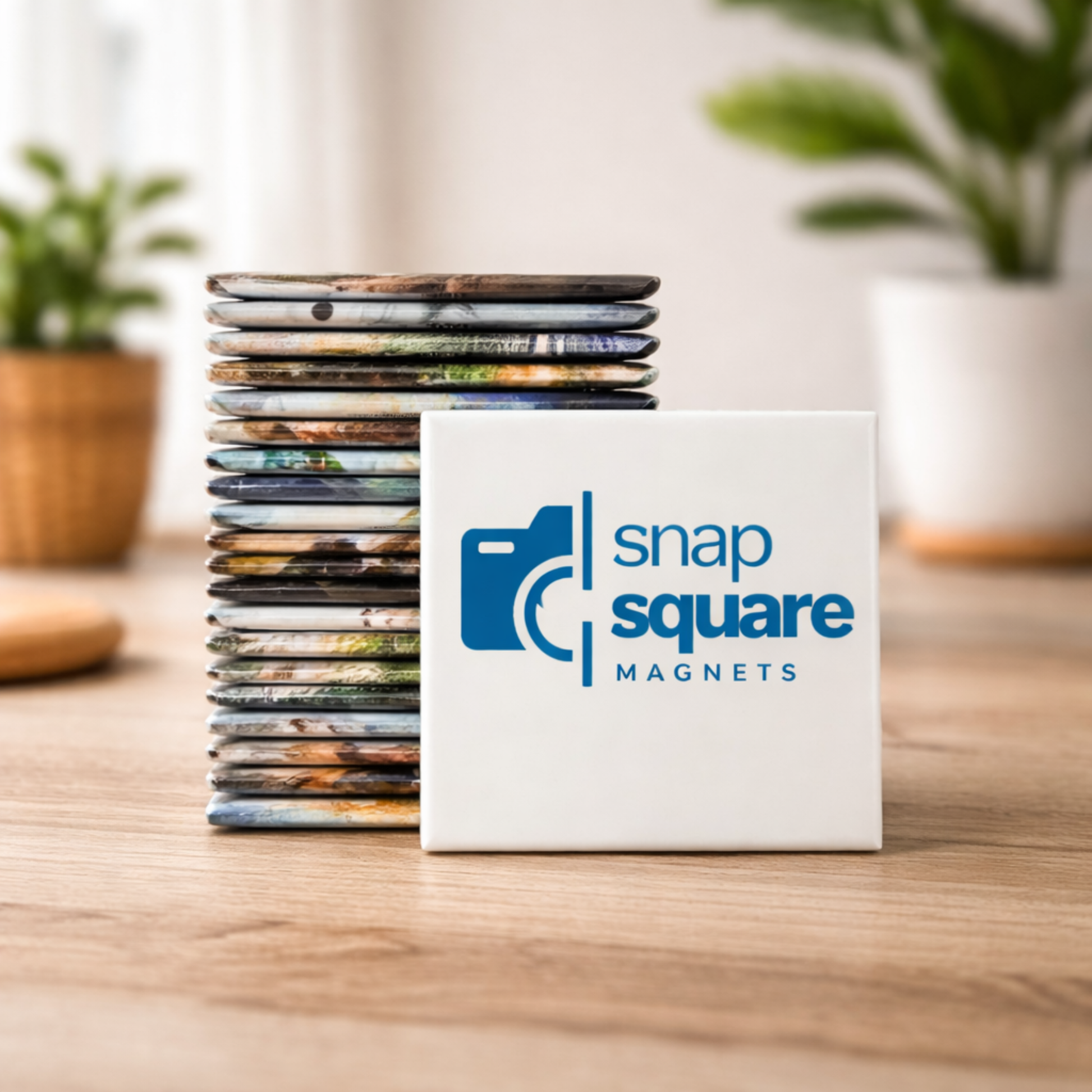 Stack of colorful square magnets with a box labeled 'snap square magnets' on a wooden surface.