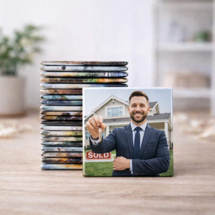 Stack of photo prints with a print featuring a man in a suit holding a 'SOLD' sign in front of a house.