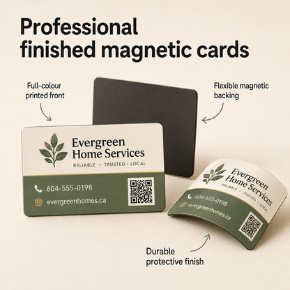 Evergreen Home Services business card with magnetic backing on a beige background