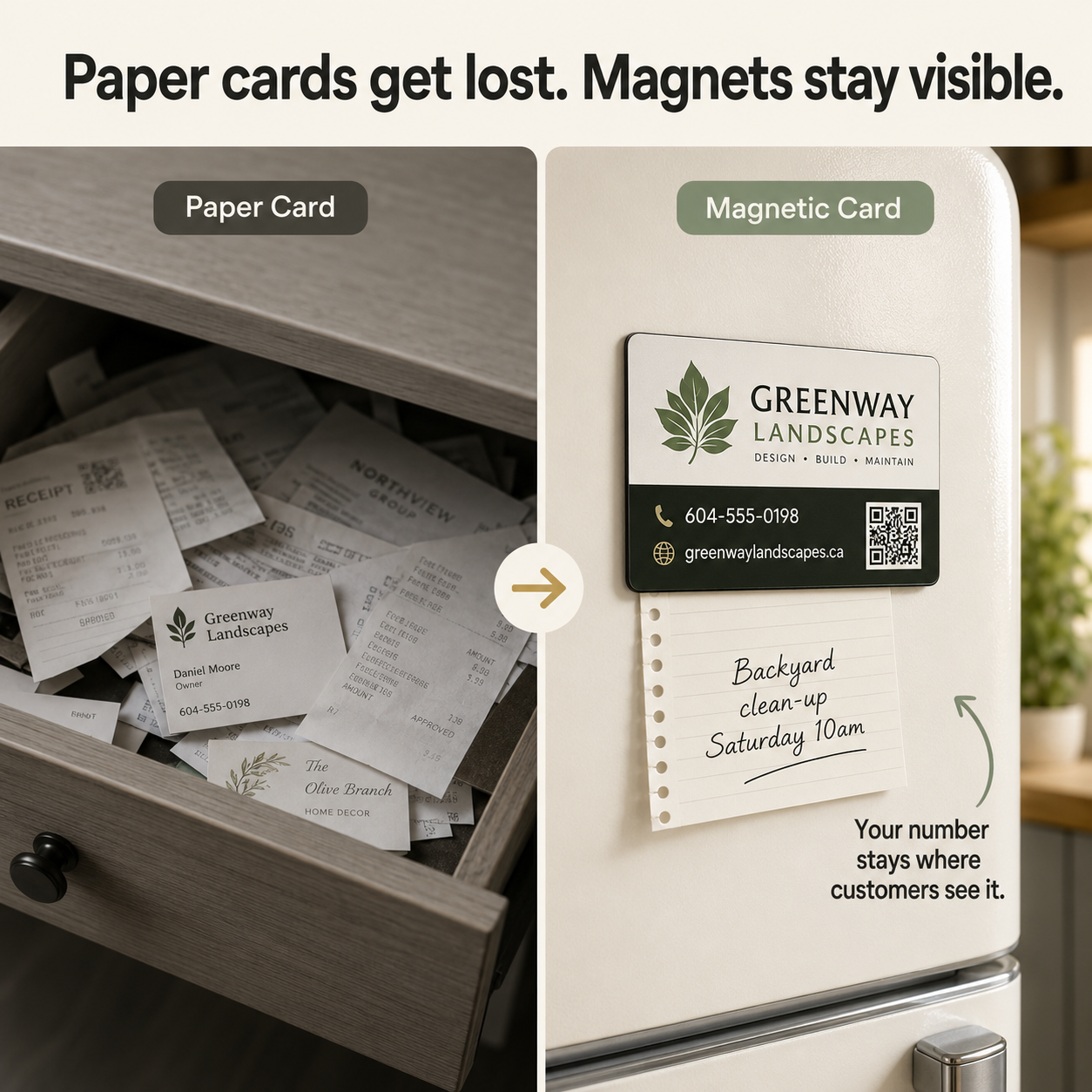Comparison of paper cards and magnetic cards with Greenway Landscapes branding.