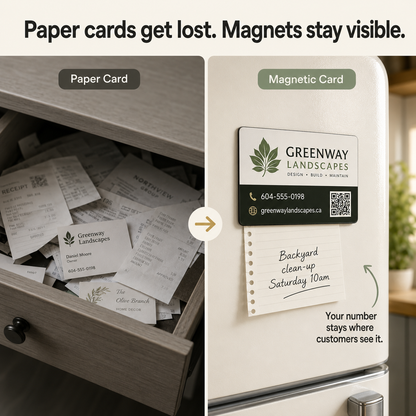 Comparison of paper cards and magnetic cards with Greenway Landscapes branding.