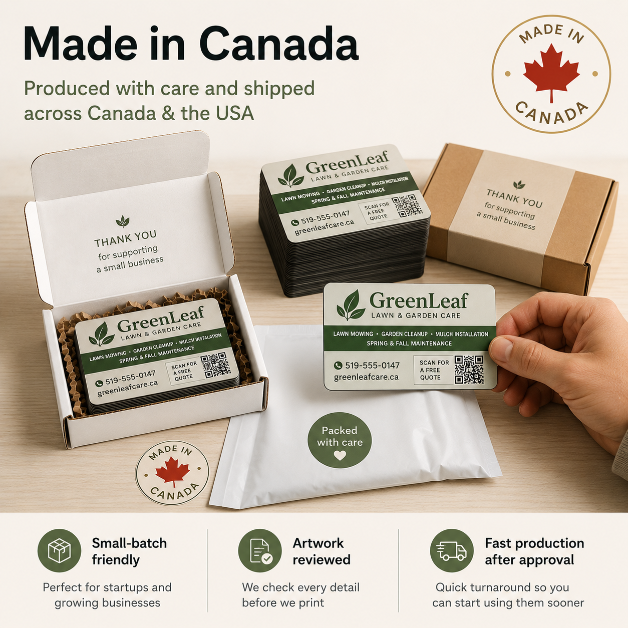 Business cards with packaging and a hand holding a card, set against a light wood background.