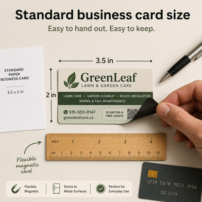 Business card with measurements and features on a white background