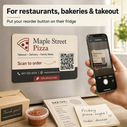 Maple Street Pizza QR code on a refrigerator with a phone scanning it, surrounded by takeout items.