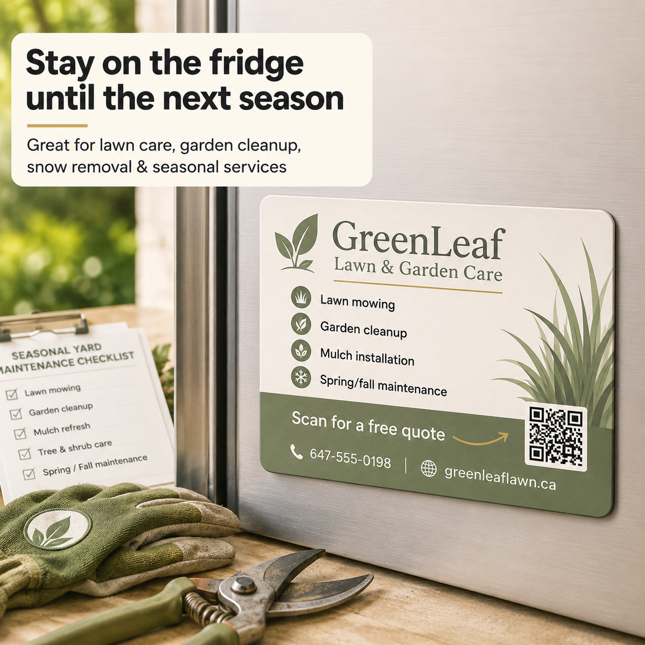 GreenLeaf Lawn & Garden Care promotional material with a fridge magnet, checklist, and gloves on a wooden surface.