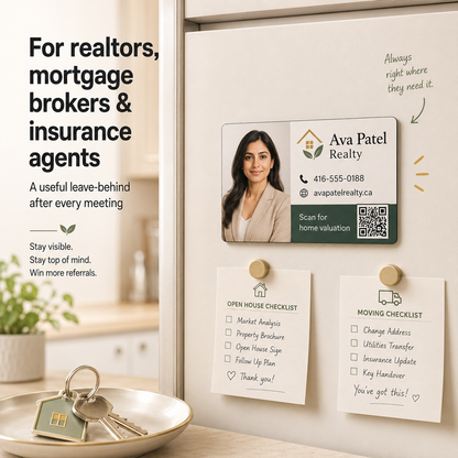 Magnetic real estate checklist and business card holder on a refrigerator with keys and a plant.