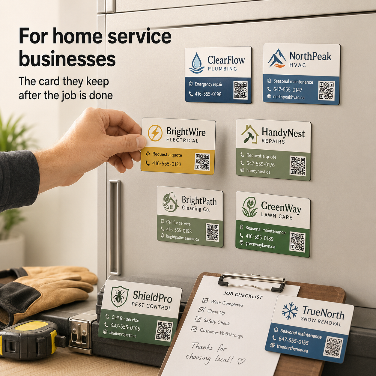 Hand placing a business card on a refrigerator with various service business cards displayed.