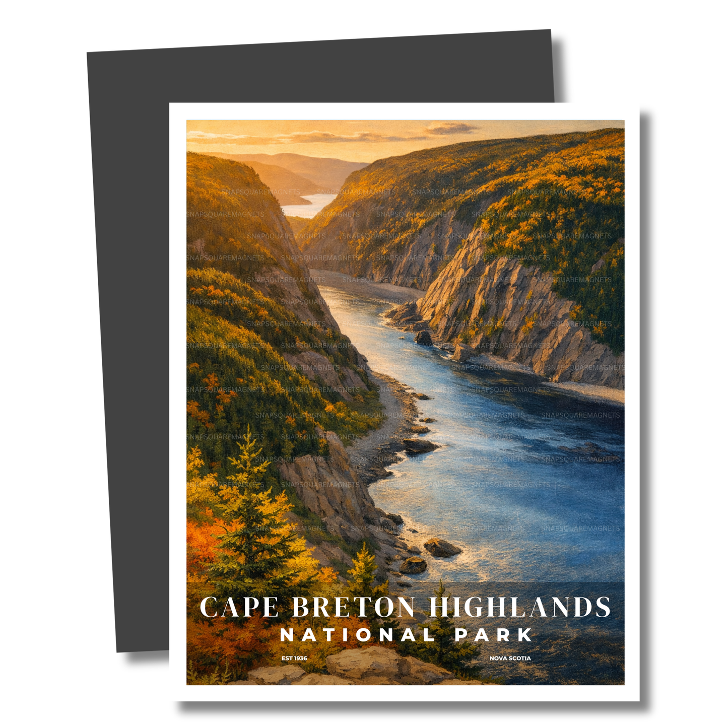 Magnet of Cape Breton Highlands National Park with a scenic view of a river and mountains.