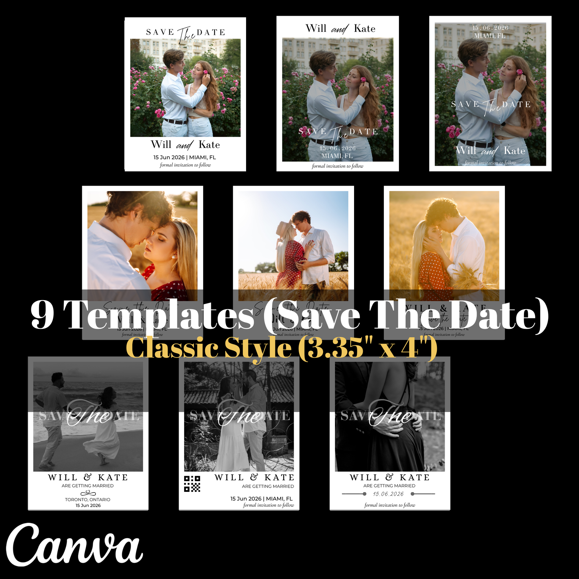 Collage of 'Save The Date' templates with various poses and styles, featuring the Canva brand.