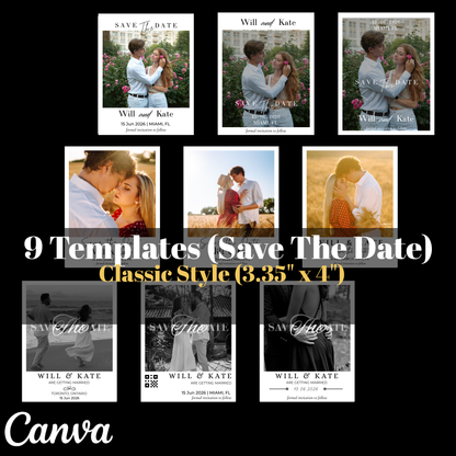Collage of 'Save The Date' templates with various poses and styles, featuring the Canva brand.
