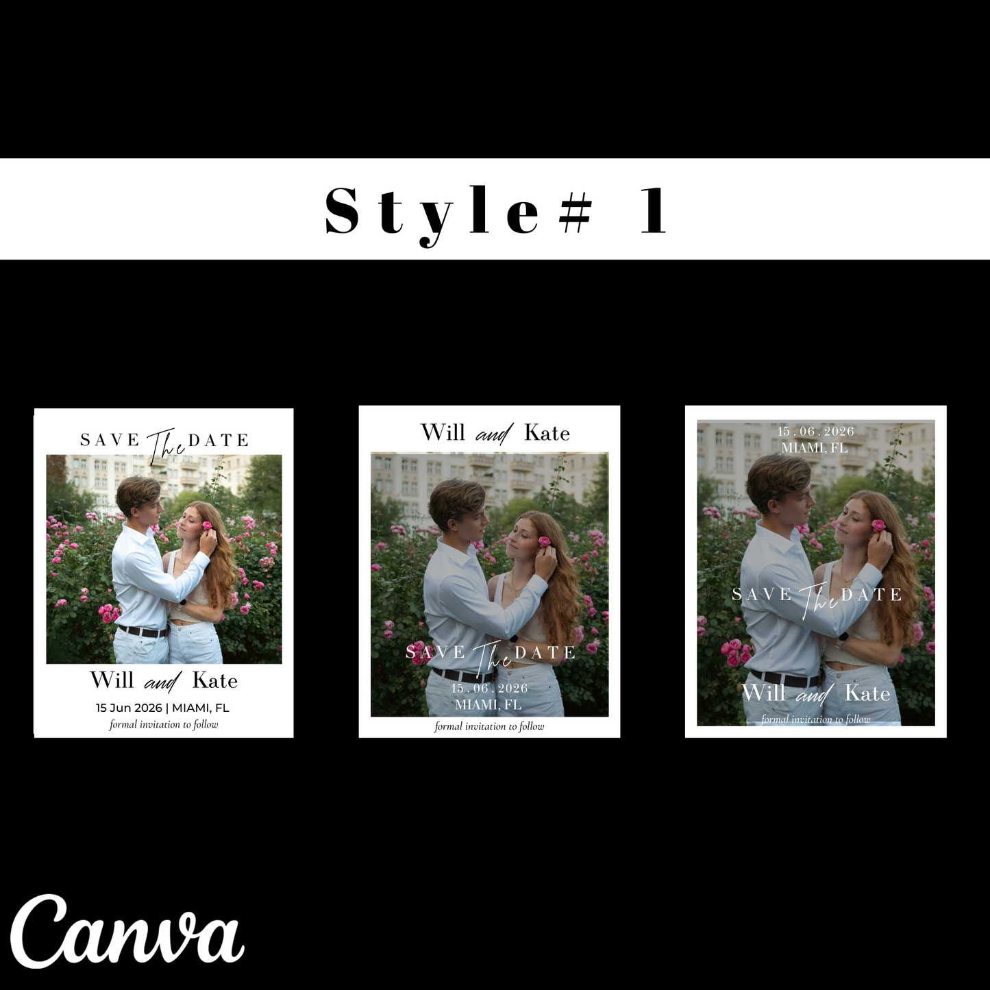 Three 'Save the Date' cards featuring a couple in a garden with 'Canva' branding.