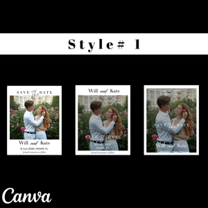 Three 'Save the Date' cards featuring a couple in a garden with 'Canva' branding.