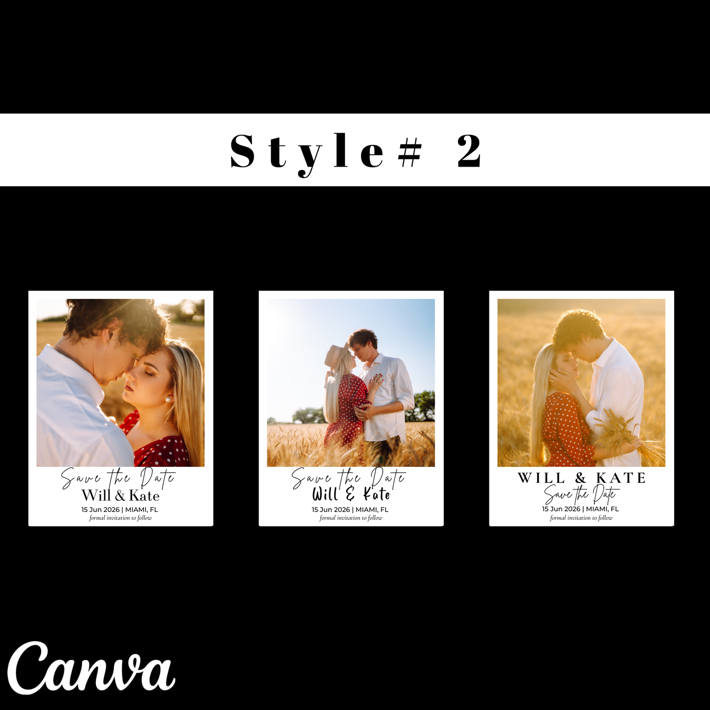 Three 'Save the Date' cards with couples in various settings, featuring the Canva brand.