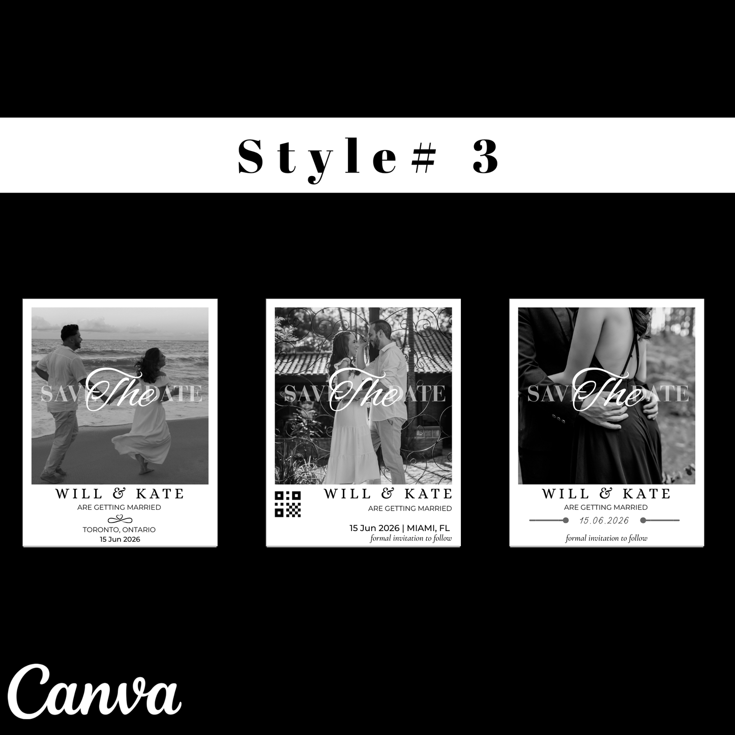 Three 'Save the Date' cards with different poses and settings, featuring the brand 'Canva'.