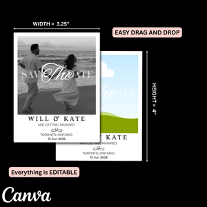 Wedding save-the-date card design with dimensions and Canva branding.