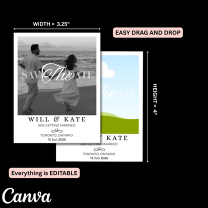 Wedding save-the-date card design with dimensions and Canva branding.