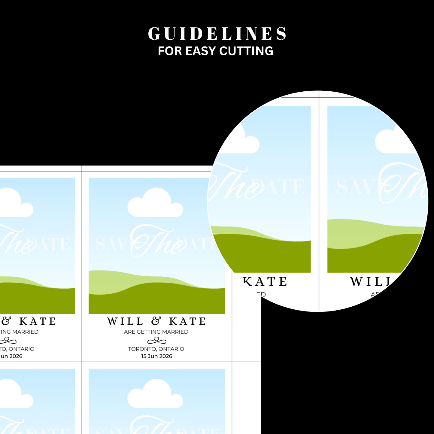 Wedding invitation with scenic design and cut lines for easy handling