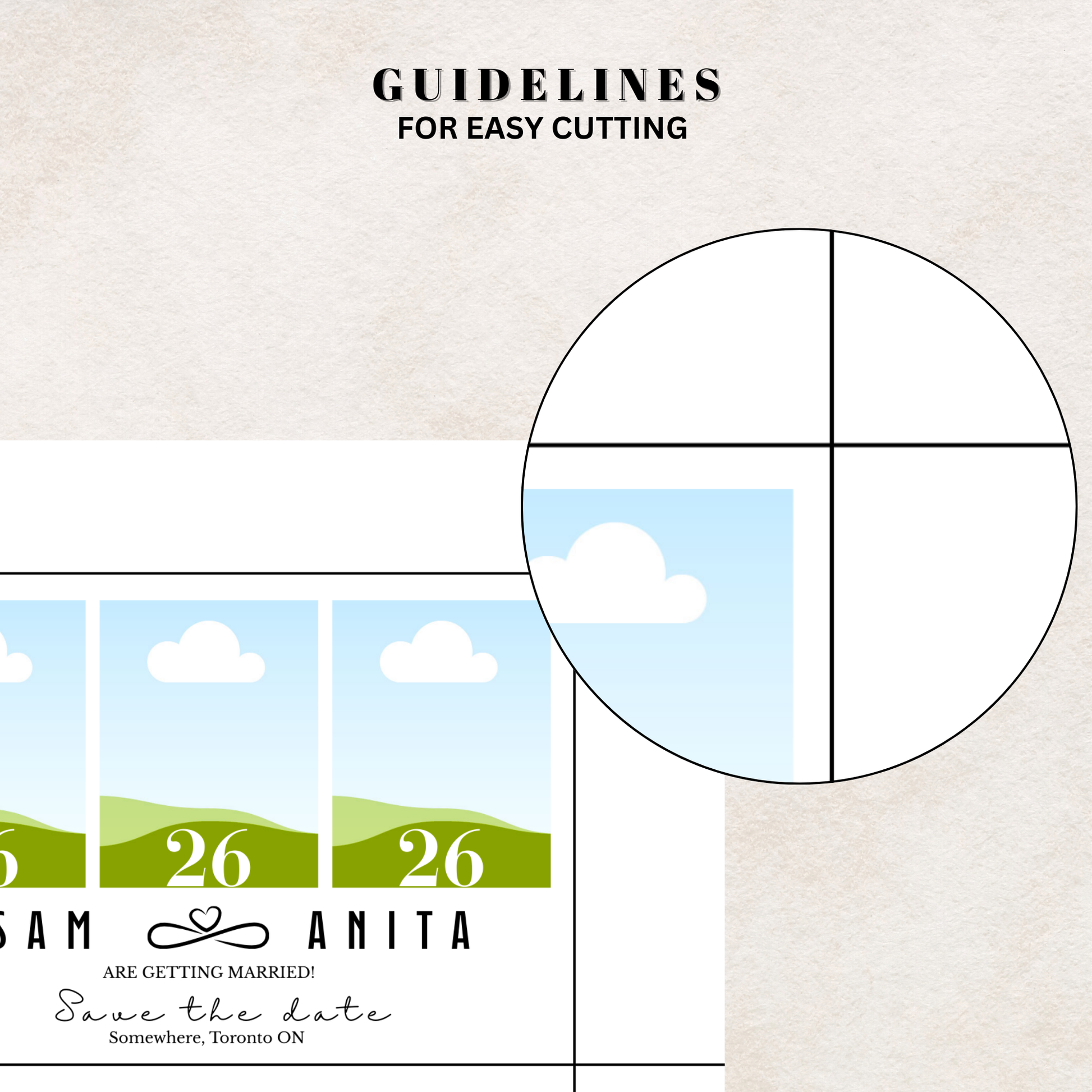 Canva design template for Save the date photo magnets with landscape design and cut-out guidelines on a beige background